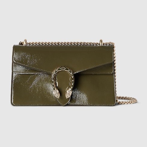 Patent Leather Medium Shoulder Bag with Iconic Closure – Forest Green