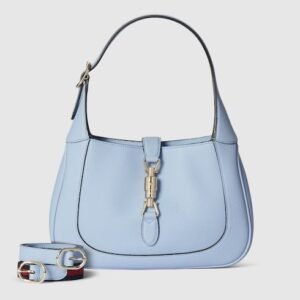 Medium Crescent Leather Shoulder Bag with Piston Closure – Light Blue