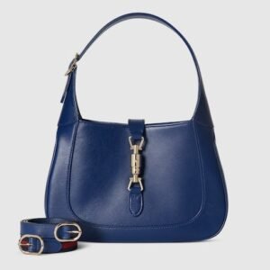 Medium Crescent Leather Shoulder Bag with Piston Closure – Blue
