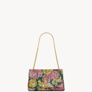 JAMIE Medium Flap Bag in Brocade Green, Pink, and Gold